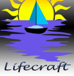 A sailboat on water with a yellow sun and the word Lifecraft below.