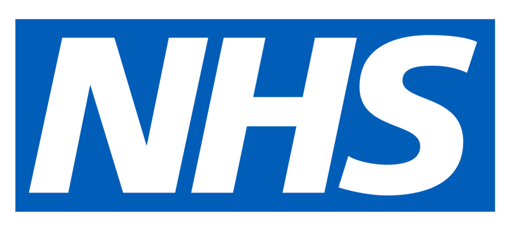 NHS logo featuring bold white letters on a blue rectangular background.