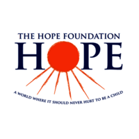 Logo for The Hope Foundation with the word HOPE and a red circle as the O, featuring red rays and the tagline, A world where it should never hurt to be a child.