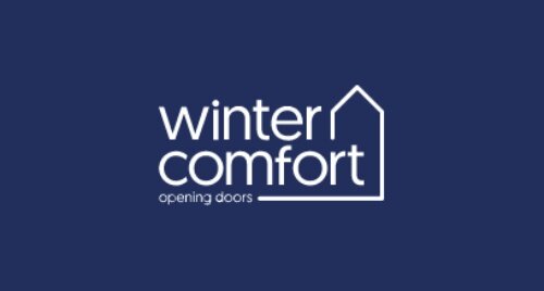 Winter Comfort logo on a dark blue background, with the words winter comfort and opening doors in white text, forming the outline of a house.