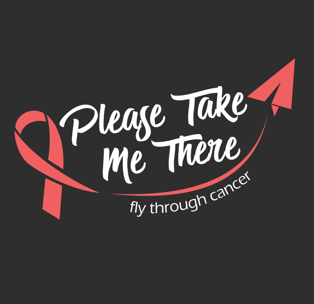 A red cancer awareness ribbon and a red paper aeroplane with the words Please Take Me There and fly through cancer on a dark background.