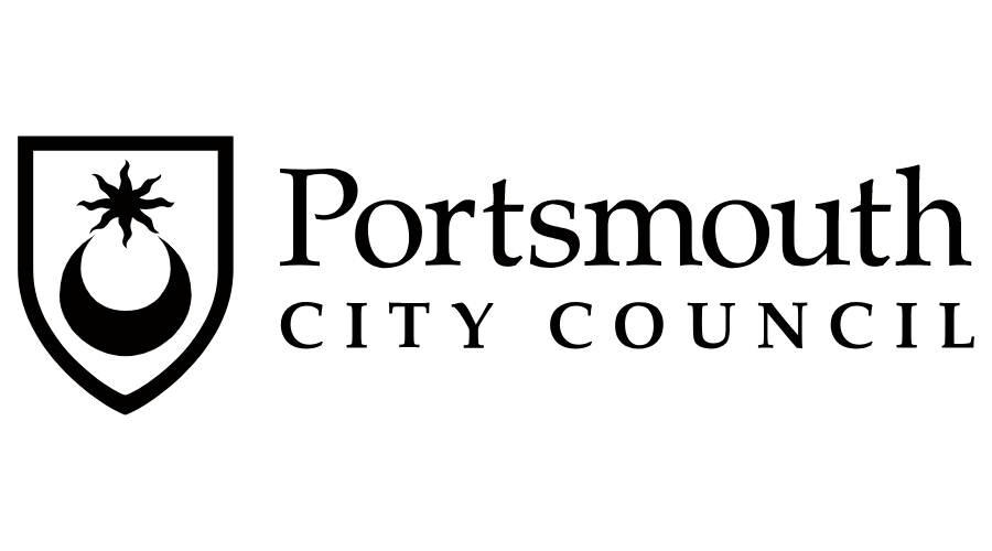 Portsmouth City Council logo featuring a black crescent and sun symbol inside a shield, with the council’s name written to the right.