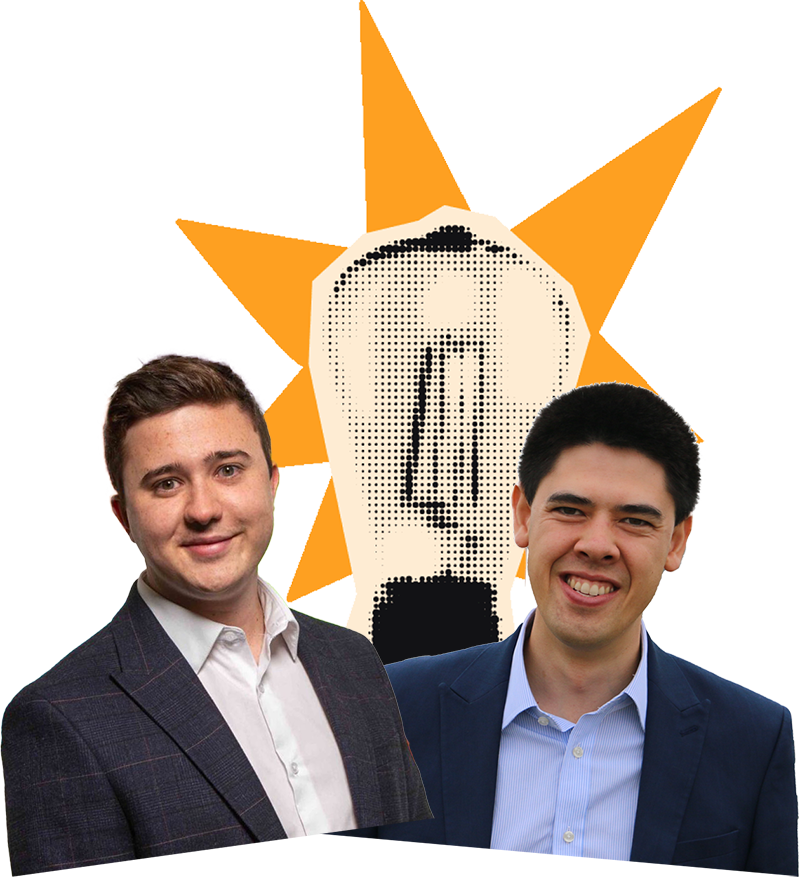 Two men in suits stand in front of a stylised illustration of an Easter Island moai head with an orange sunburst pattern in the background.