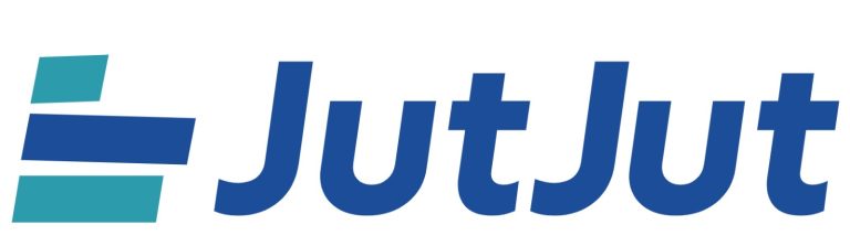 The image shows the word JutJut in blue text next to a geometric logo of three staggered bars, two teal and one blue, on a white background.