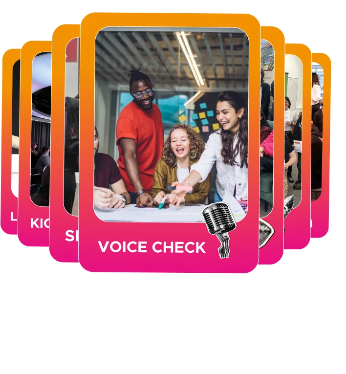 A group of people sit around a table smiling and talking; the card is labelled Voice Check with a microphone icon at the bottom, perfect for School and College Programmes.
