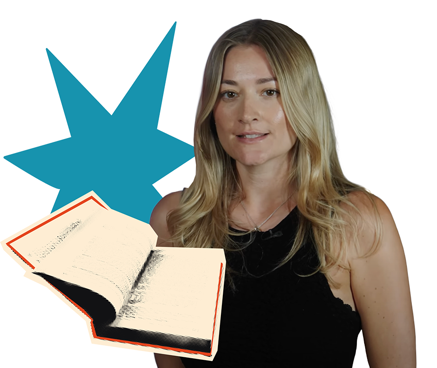 A woman with long blonde hair stands in front of a blue star graphic, next to an illustrated open book, symbolising the power of knowledge and alliance.