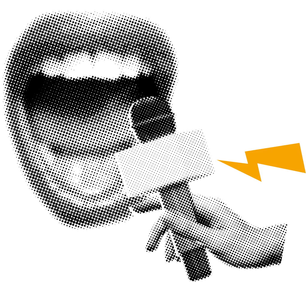 A hand holds a microphone with a blank label towards an open mouth; a yellow lightning bolt symbol appears next to the microphone.