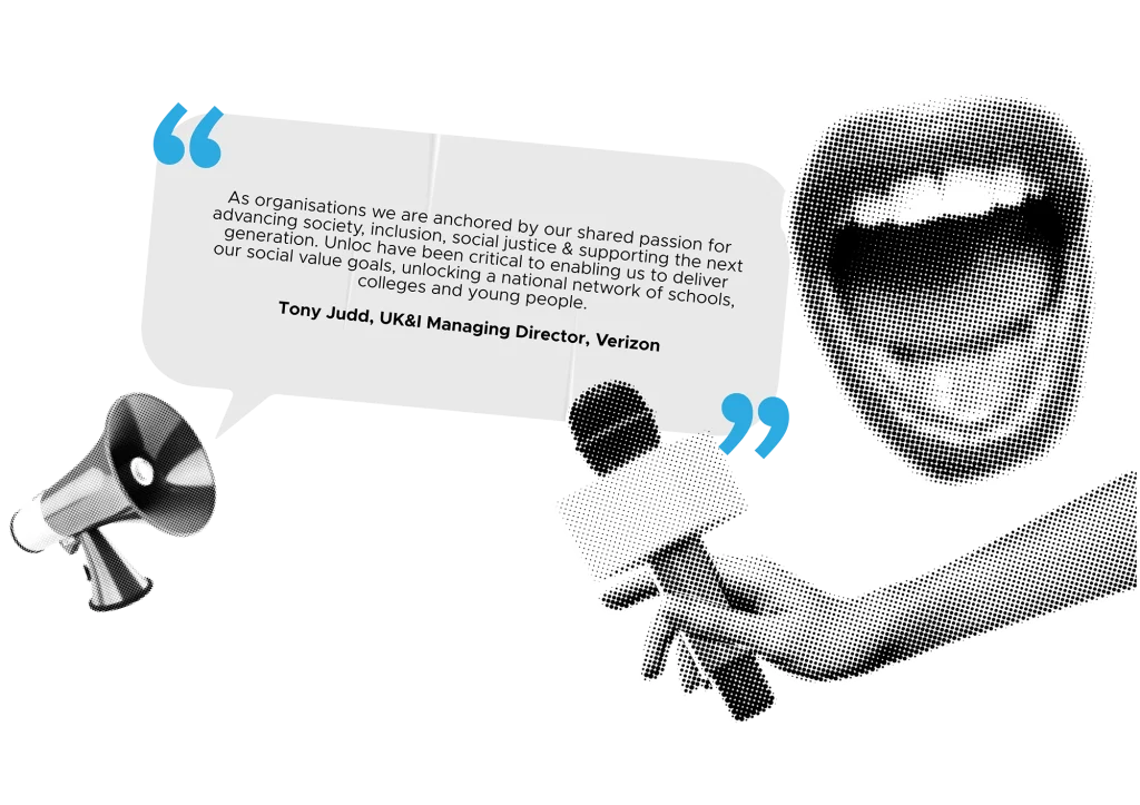 A megaphone, a hand holding a microphone, and an open mouth appear next to a quotation from Tony Judd, UK&I Managing Director at Verizon, highlighting the alliance between social justice and education.