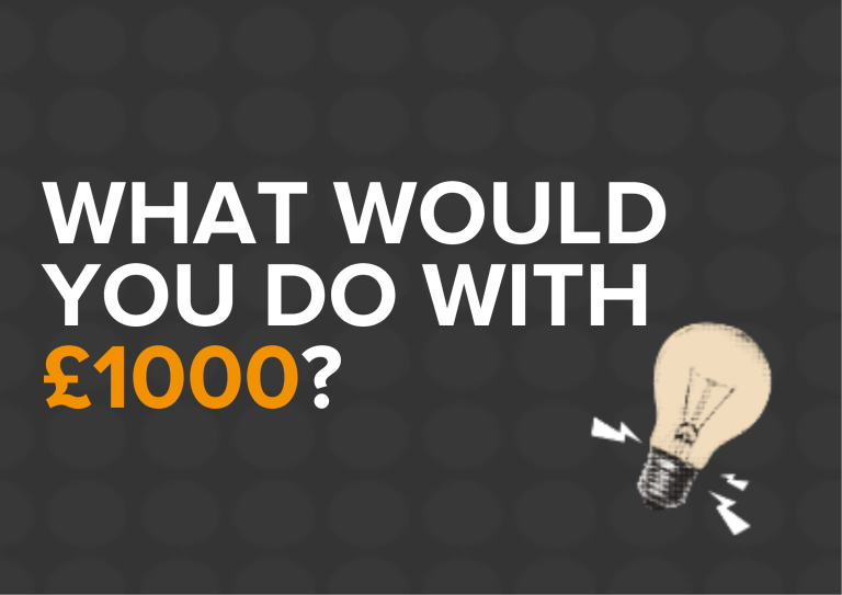 Text reading WHAT WOULD YOU DO WITH £1,000? next to a lightbulb icon on a dark grey background.