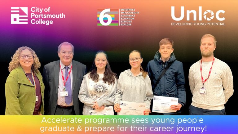 Six people stand in a row, four young individuals holding certificates, with two adults on either end. Logos of City of Portsmouth College and Unloc are displayed above.