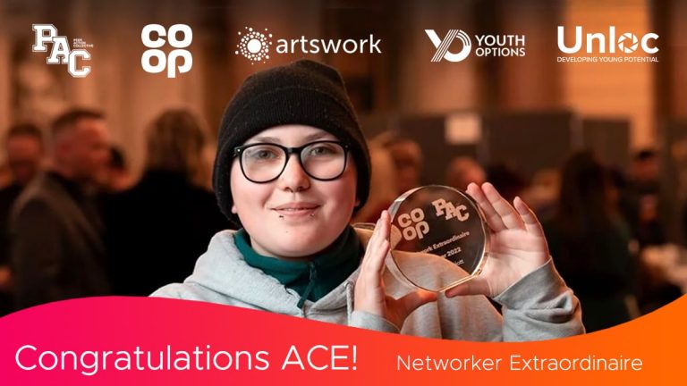 A person wearing glasses and a beanie holds an award plaque. Event partner logos are displayed at the top. Text at the bottom reads, “Congratulations ACE! Networker Extraordinaire”.