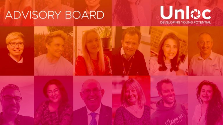 A grid of headshots featuring diverse individuals with the text Advisory Board and Unloc: Developing Young Potential overlaid in white and red tones.
