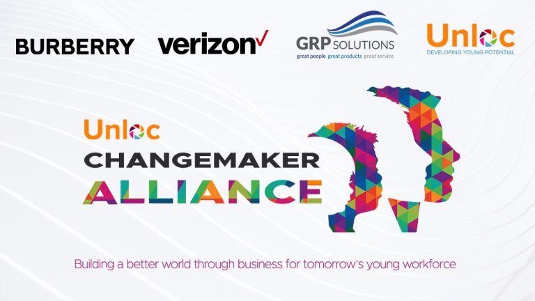 Logos of Burberry, Verizon, GRP Solutions, and Unloc with Unloc Changemaker Alliance text and two colourful profiles, promoting youth workforce development.