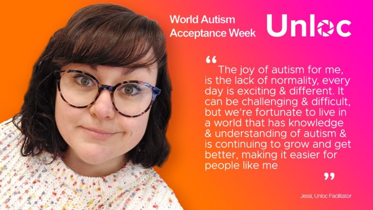 A woman with glasses poses in front of a pink background with text about World Autism Acceptance Week and a quote on understanding and growing autism awareness.