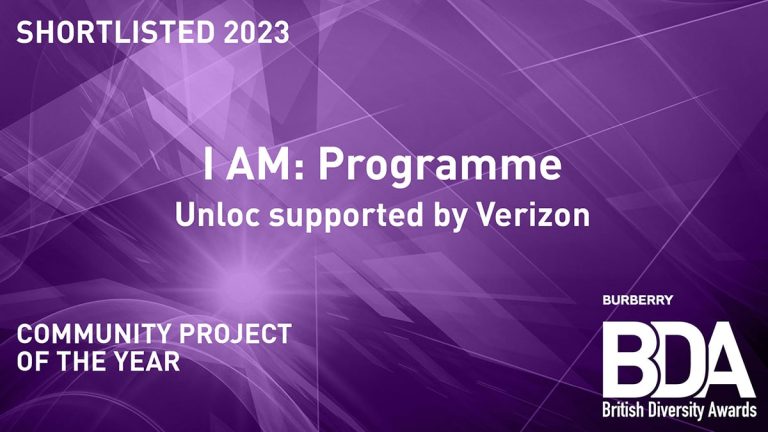 Promotional graphic for the British Diversity Awards, showing I AM: Programme Unloc supported by Verizon shortlisted for Community Project of the Year 2023.