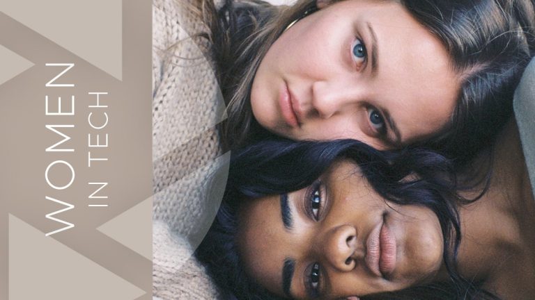 Two women lie closely together, looking directly at the camera. The text beside them reads “Women in Tech” on a geometric beige background.