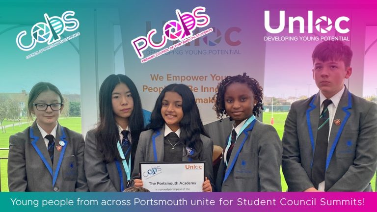 Five students in school uniforms stand indoors holding a certificate, with banners for Unloc and student council summits visible behind them.