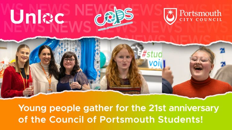Four smiling young people and one adult pose at an event celebrating the 21st anniversary of the Council of Portsmouth Students. Logos of Unloc and Portsmouth City Council are visible.