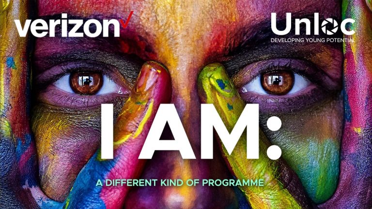 A close-up of a person's painted face and hands features the text verizon, Unloc, and I AM: A DIFFERENT KIND OF PROGRAMME.