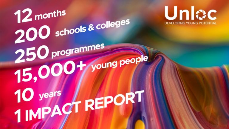 White text on a colourful abstract background lists Unloc’s 12-month impact: 200 schools, 250 programmes, 15,000+ young people, 10 years, and mentions 1 Impact Report.
