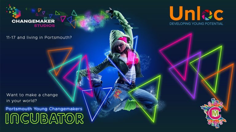 A young person in a hoodie poses amid neon geometric shapes. Text promotes the Portsmouth Young Changemakers Incubator for ages 11–17, by Changemaker Studios and Unloc.