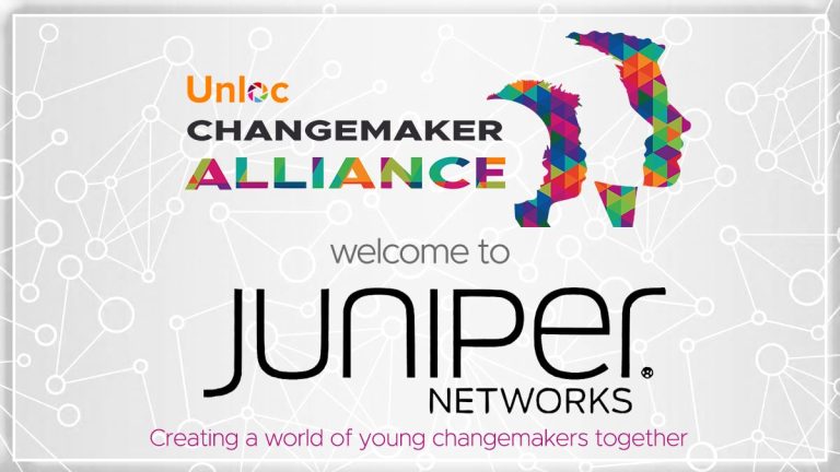 Welcome to Juniper Networks with Unloc Changemaker Alliance logos and tagline Creating a world of young changemakers together on a network-themed background.