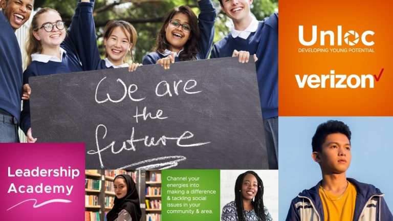 A group of smiling students holds a We are the future sign; Unloc, Verizon, and Leadership Academy logos appear alongside individual student portraits.