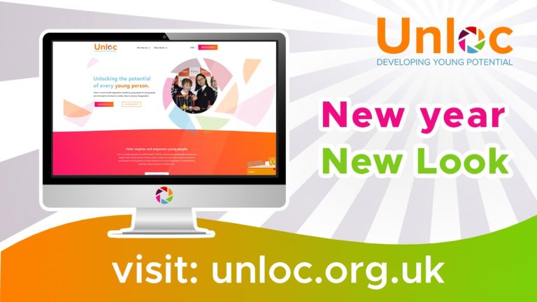 A computer screen displays the Unloc website. Text reads New Year New Look and visit: unloc.org.uk with the Unloc logo and slogan Developing Young Potential.