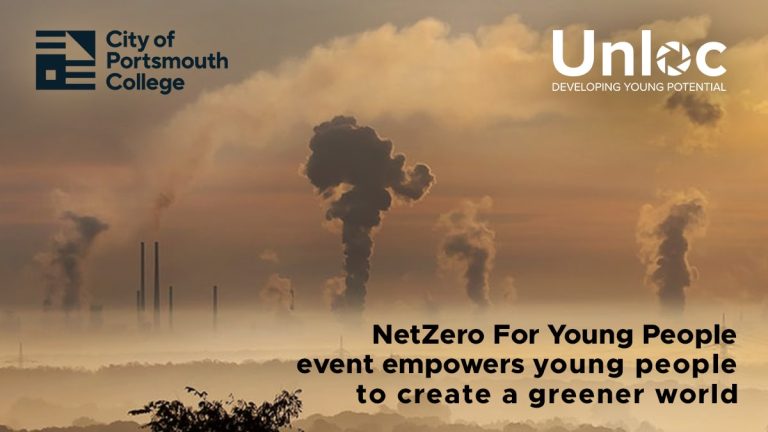 Industrial smokestacks emit pollution into the air at sunset. Text promotes a NetZero event for young people, hosted by City of Portsmouth College and Unloc.