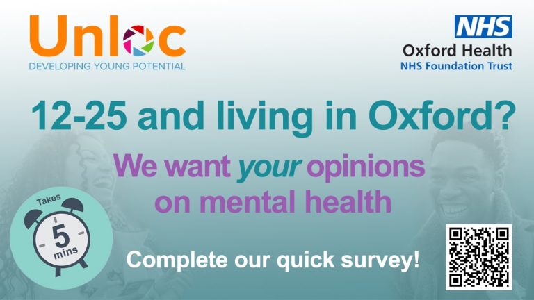 Survey invitation poster for 12–25-year-olds in Oxford about mental health, featuring NHS and Unloc logos, a QR code, and a clock icon showing Takes 5 mins.