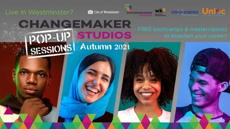 Promotional banner for Changemaker Studios Pop-Up Sessions Autumn 2021, featuring four diverse smiling young adults and details about free bootcamps and masterclasses.