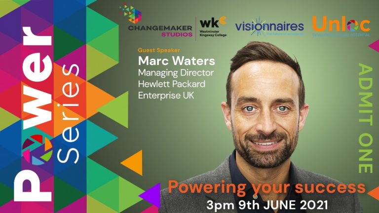 Promotional poster for a Power Series event featuring guest speaker Marc Waters, Managing Director of Hewlett Packard Enterprise UK, scheduled for 3pm on 9 June 2021.