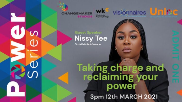 Promotional poster for the Power Series event featuring guest speaker Nissy Tee, scheduled for 3pm on 12th March 2021, with colourful geometric designs and sponsor logos.