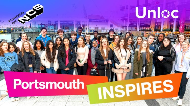 A diverse group of young people pose together outdoors in front of Portsmouth waterfront buildings, with Portsmouth INSPIRES and Unloc and NCS logos displayed.