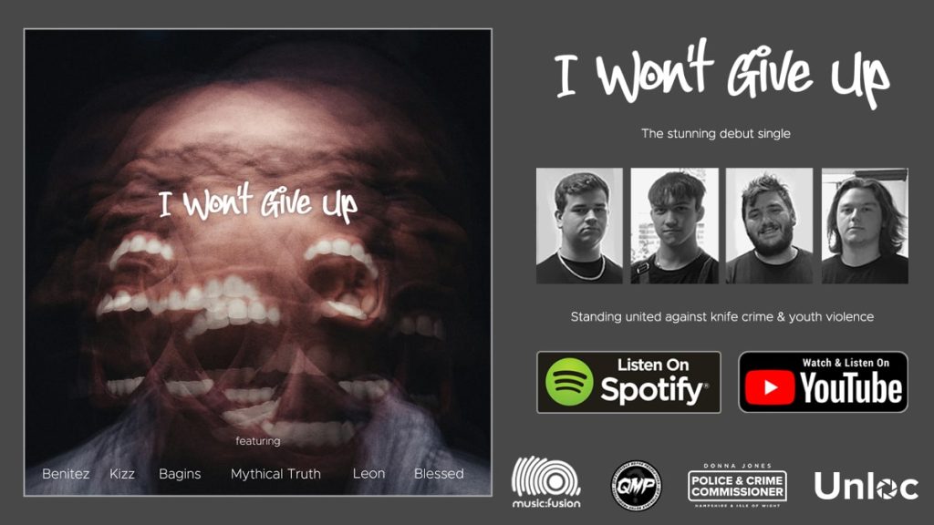 Promotional poster for the single I Won't Give Up featuring artist portraits, streaming platform logos, and logos of supporting organisations against knife crime and youth violence.