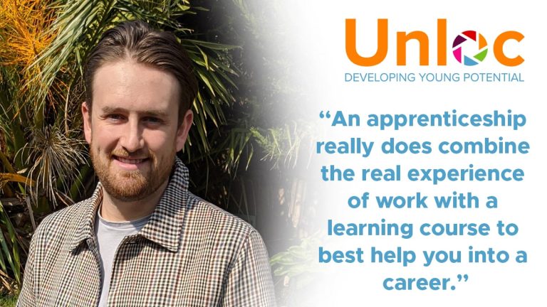 A man stands outside in front of plants, with a quote about apprenticeships and the Unloc logo and slogan, Developing Young Potential, displayed beside him.