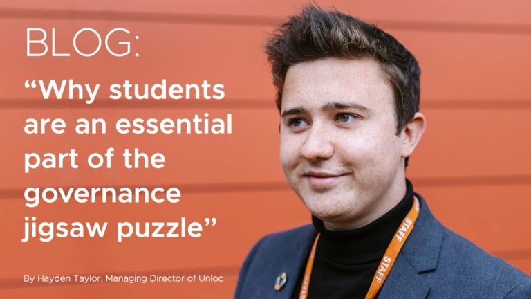 A person wearing a dark blazer and orange lanyard stands in front of an orange wall next to text about the role of students in governance, attributed to Hayden Taylor of Unloc.