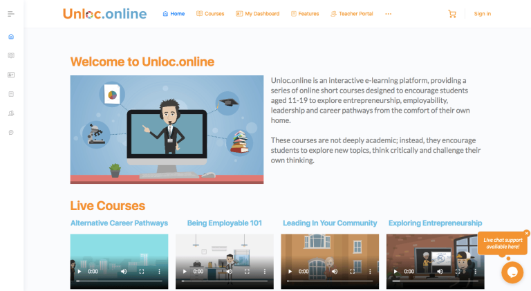 Screenshot of the Unloc.online e-learning platform homepage showing a welcome message, course descriptions, and a row of featured live courses for students aged 11–19.
