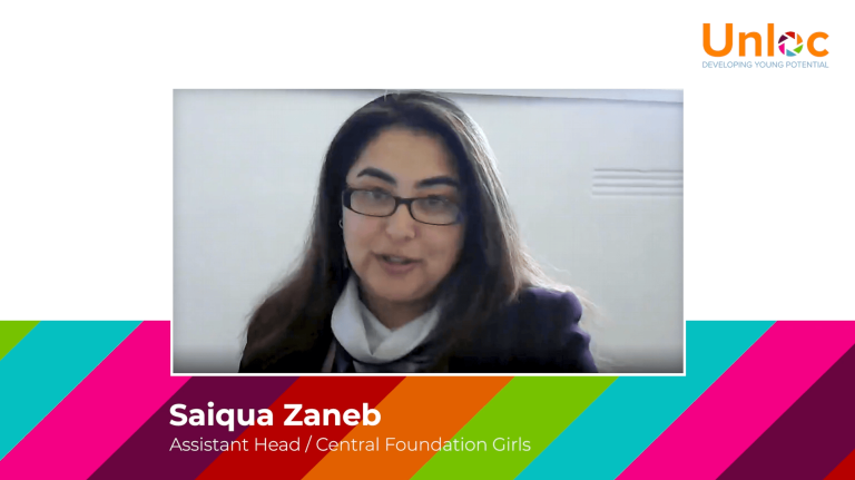 A woman with glasses and long dark hair, wearing a dark jacket and light scarf, is speaking in a video call. Text: Saiqua Zaneb, Assistant Head / Central Foundation Girls'.