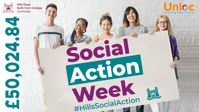 Five young people stand against a white brick wall holding a large sign that reads Social Action Week #HillsSocialAction. The left side displays £50,024.84 vertically.