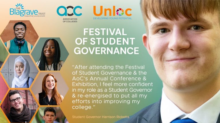 A young man in a suit is shown next to the text Festival of Student Governance alongside logos and photos of diverse students. A quote highlights the event's positive impact on student governors.