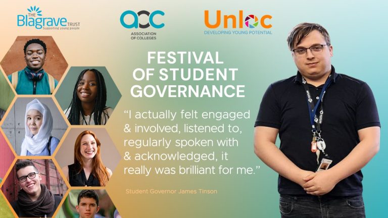 A promotional poster for the Festival of Student Governance featuring logos, student portraits, a testimonial quotation, and a student standing on the right.