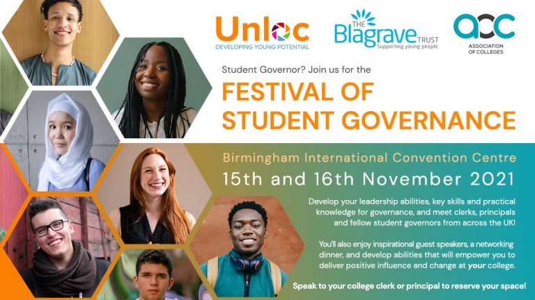 Promotional banner for the Festival of Student Governance at Birmingham International Convention Centre, 15–16 November 2021, featuring student photos and event details.