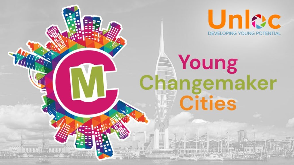 Colourful graphic logo with a large MC and cityscape outline. Text reads: Young Changemaker Cities and Unloc Developing Young Potential. Portsmouth’s Spinnaker Tower in background.