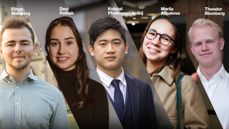 Five young adults, each named above their heads, stand side by side facing the camera, dressed in business-casual and formal attire.