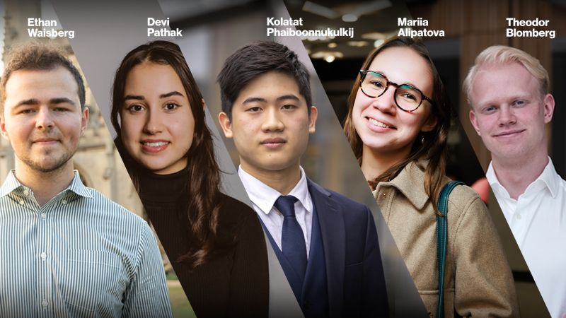 Five young adults, each named above their heads, stand side by side facing the camera, dressed in business-casual and formal attire.