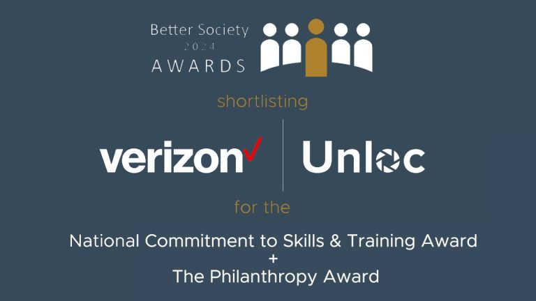 Graphic announcing Verizon and Unloc shortlisted for the National Commitment to Skills & Training Award and the Philanthropy Award at the Better Society Awards 2021.